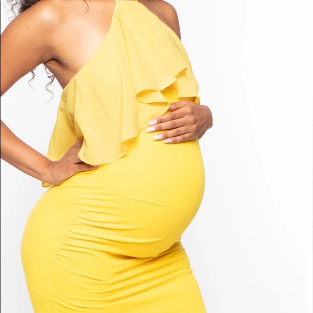 MATERNITY AIDA FRILL HALTER DRESS - YELLOW